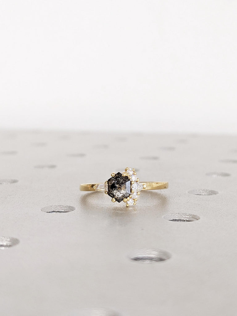 Hexagon Cut Salt and Pepper Diamond Engagement Ring, 18K Yellow Gold, Bridal Jewelry