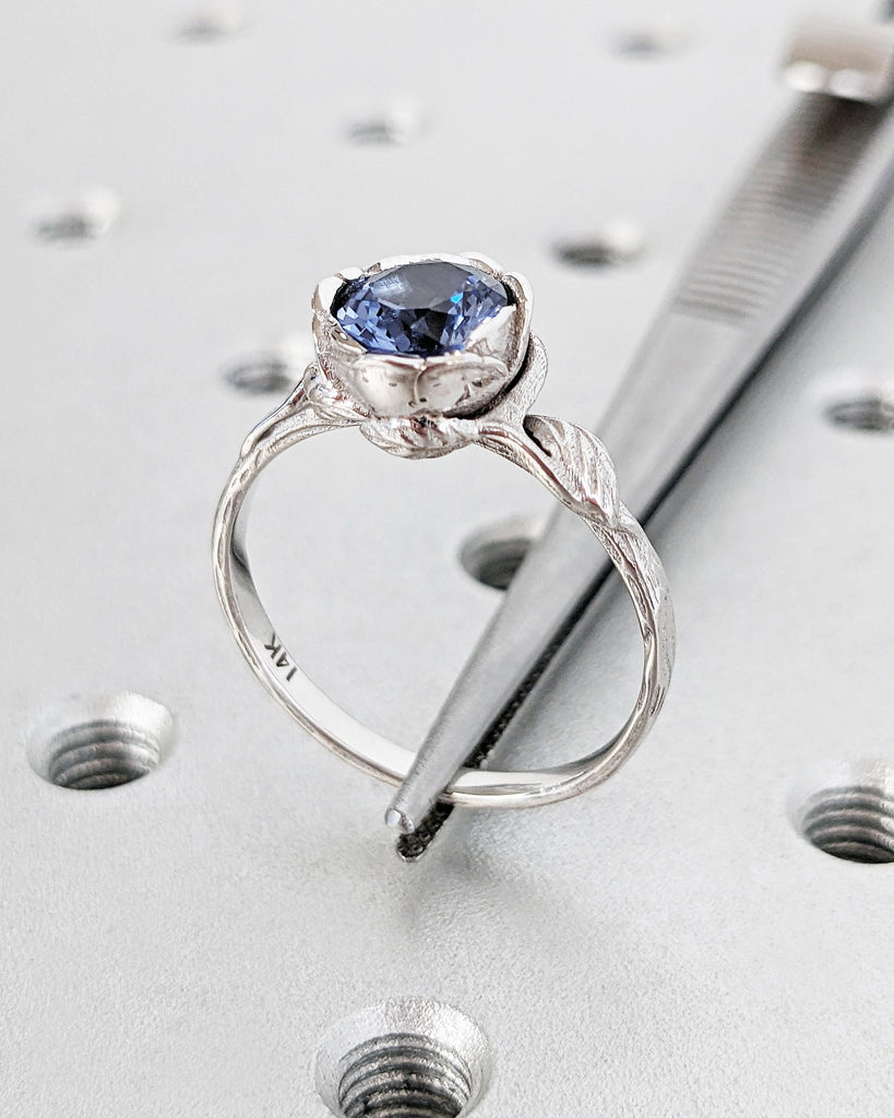 Tanzanite Floral Ring, Violet Purple Tanzanite Ring, Round Tanzanite Engagement Ring, 14K White Gold Floral Promise Ring for Women, Art Nouveau Ring