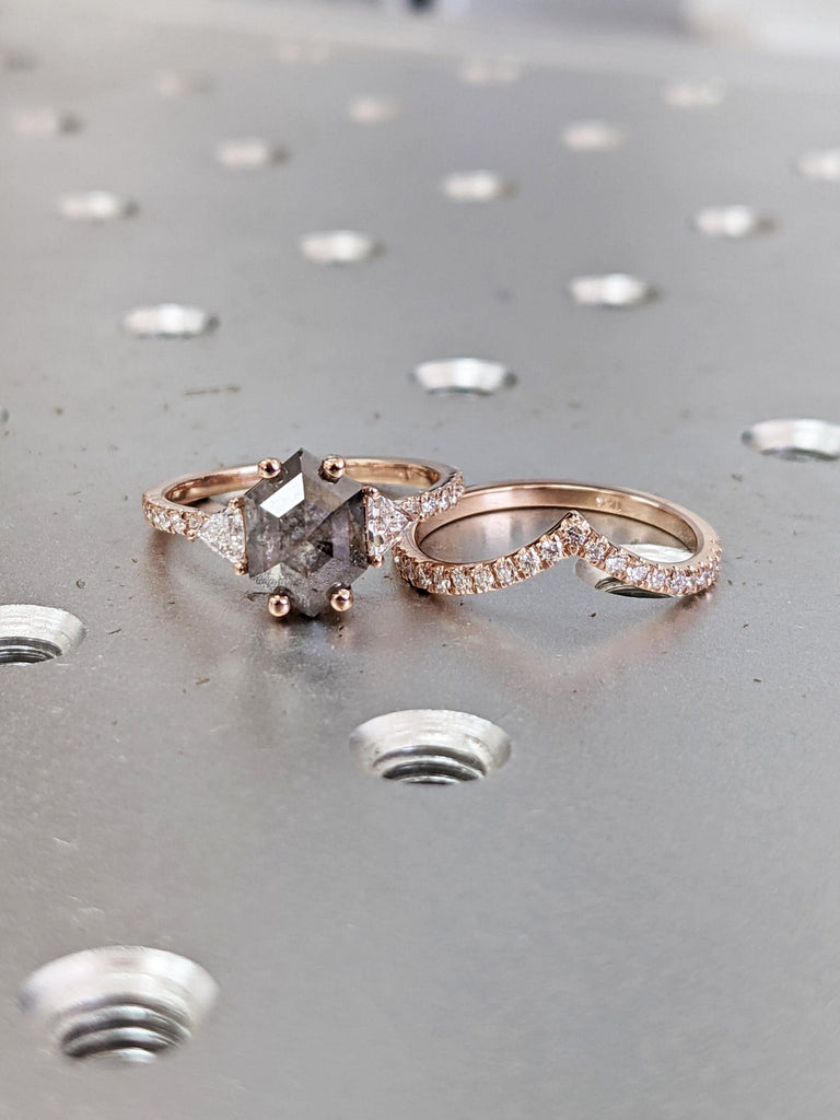 Solid Rose Gold Diamond Ring Bridal Set: Hexagon cut Salt and Pepper Diamond with Curved Wedding Ring