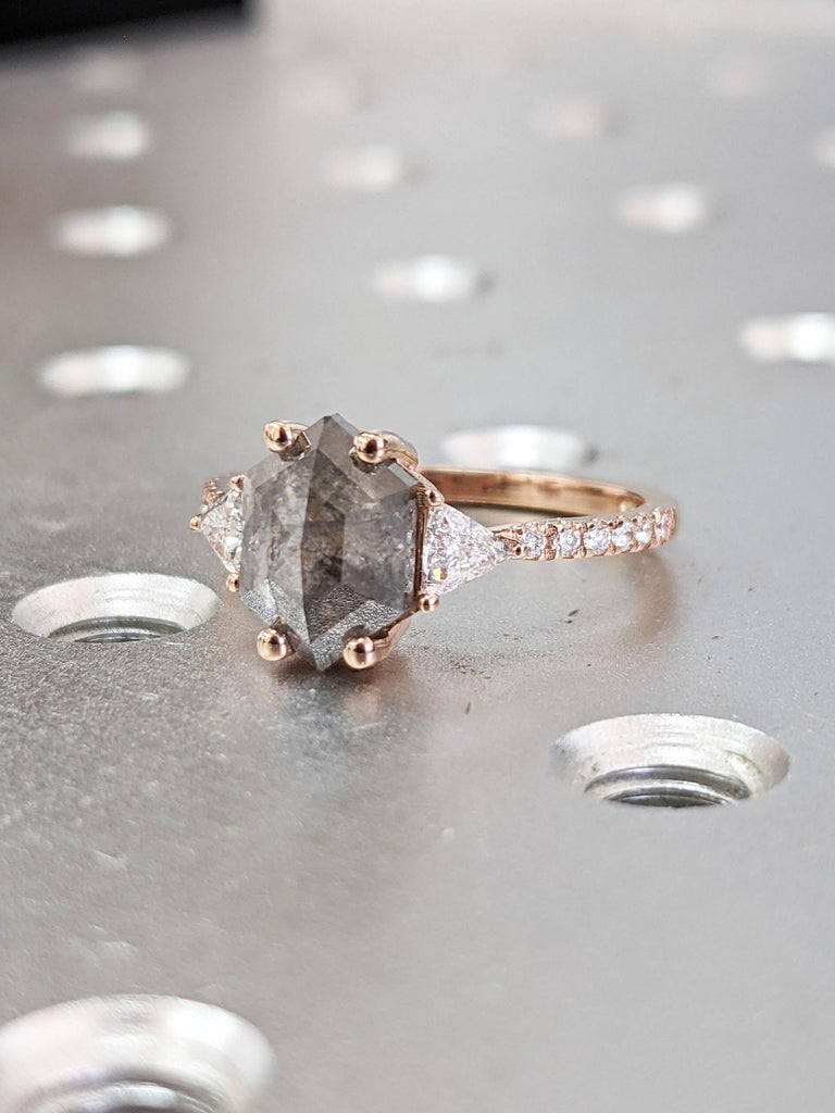 Solid Rose Gold Diamond Ring Bridal Set: Hexagon cut Salt and Pepper Diamond with Curved Wedding Ring