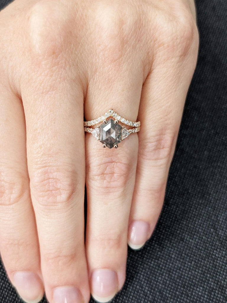 Salt and Pepper Diamond Engagement and Wedding Ring Set | 14k Rose Gold Chevron Matching Stacking Ring | Diamond Bridal Jewelry For Women