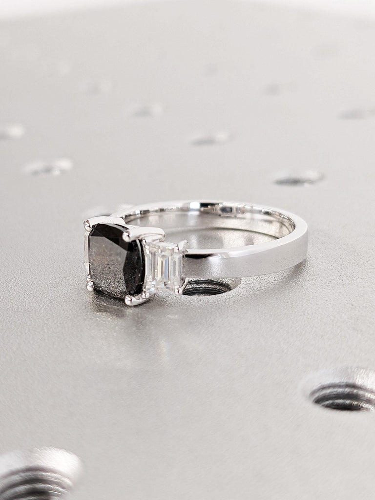Cushion Cut Raw Salt & Pepper Diamond Engagement Ring, Custom 18K White Gold 3 Stone Diamond Ring, Bold Trapezoid Moissanite Wedding Band