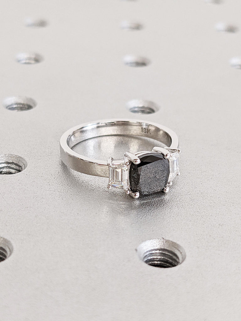 Cushion Cut Raw Salt & Pepper Diamond Engagement Ring, Custom 18K White Gold 3 Stone Diamond Ring, Bold Trapezoid Moissanite Wedding Band