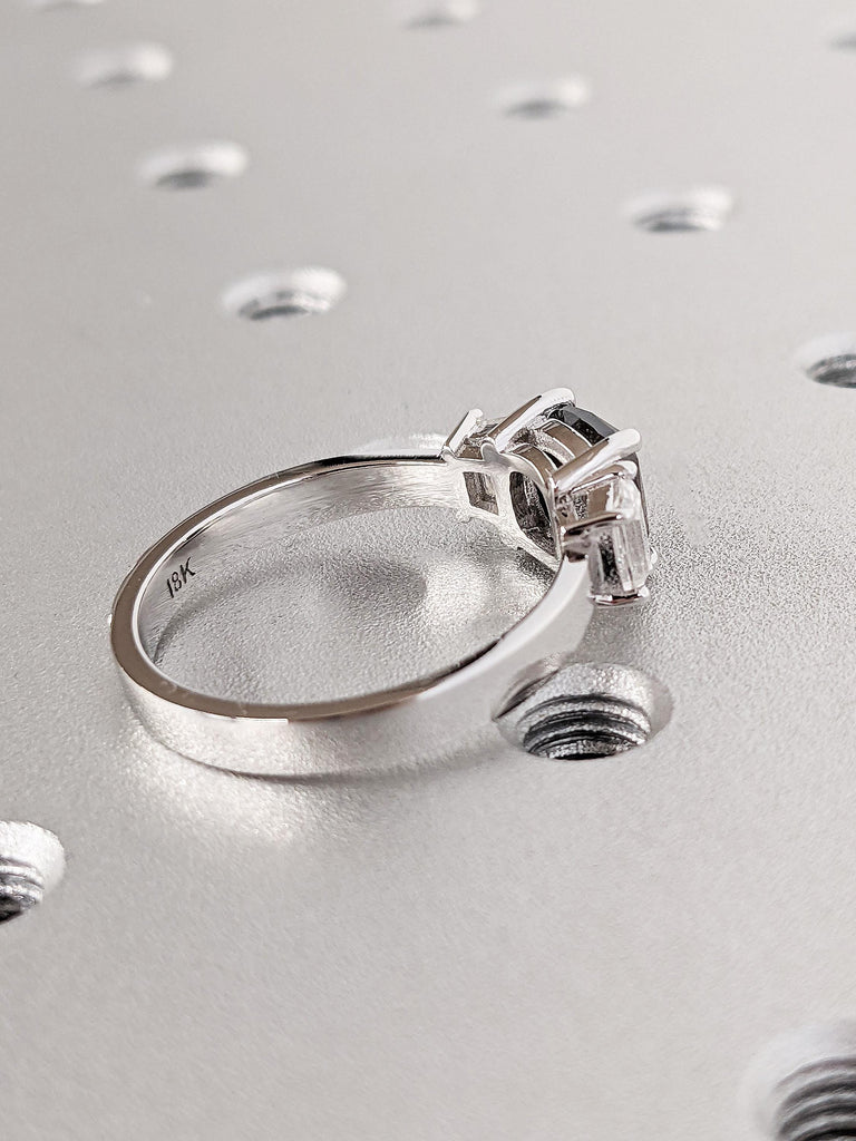 18K Solid White Gold Cushion Cut Salt and Pepper Custom Engagement Ring, Thick Trapezoid Moissanite Wedding Band, Galaxy Black Diamond Ring