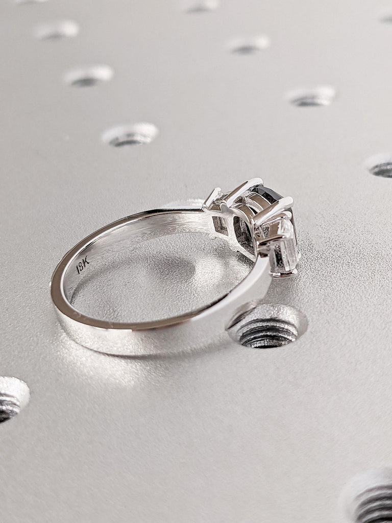 Cushion Cut Raw Salt & Pepper Diamond Engagement Ring, Custom 18K White Gold 3 Stone Diamond Ring, Bold Trapezoid Moissanite Wedding Band