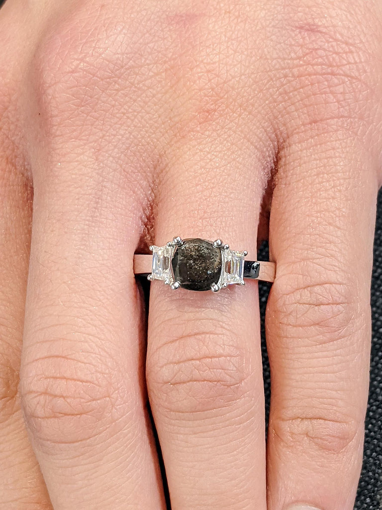 18K Solid White Gold Cushion Cut Salt and Pepper Custom Engagement Ring, Thick Trapezoid Moissanite Wedding Band, Galaxy Black Diamond Ring