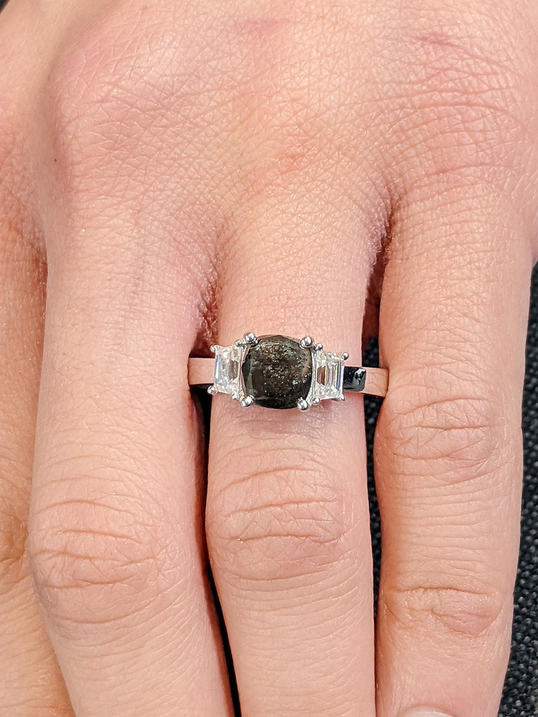 Cushion Cut Raw Salt & Pepper Diamond Engagement Ring, Custom 18K White Gold 3 Stone Diamond Ring, Bold Trapezoid Moissanite Wedding Band