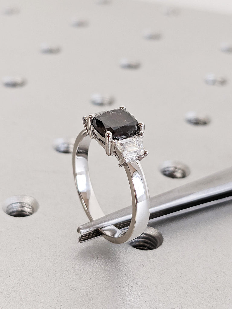 Cushion Cut Raw Salt & Pepper Diamond Engagement Ring, Custom 18K White Gold 3 Stone Diamond Ring, Bold Trapezoid Moissanite Wedding Band