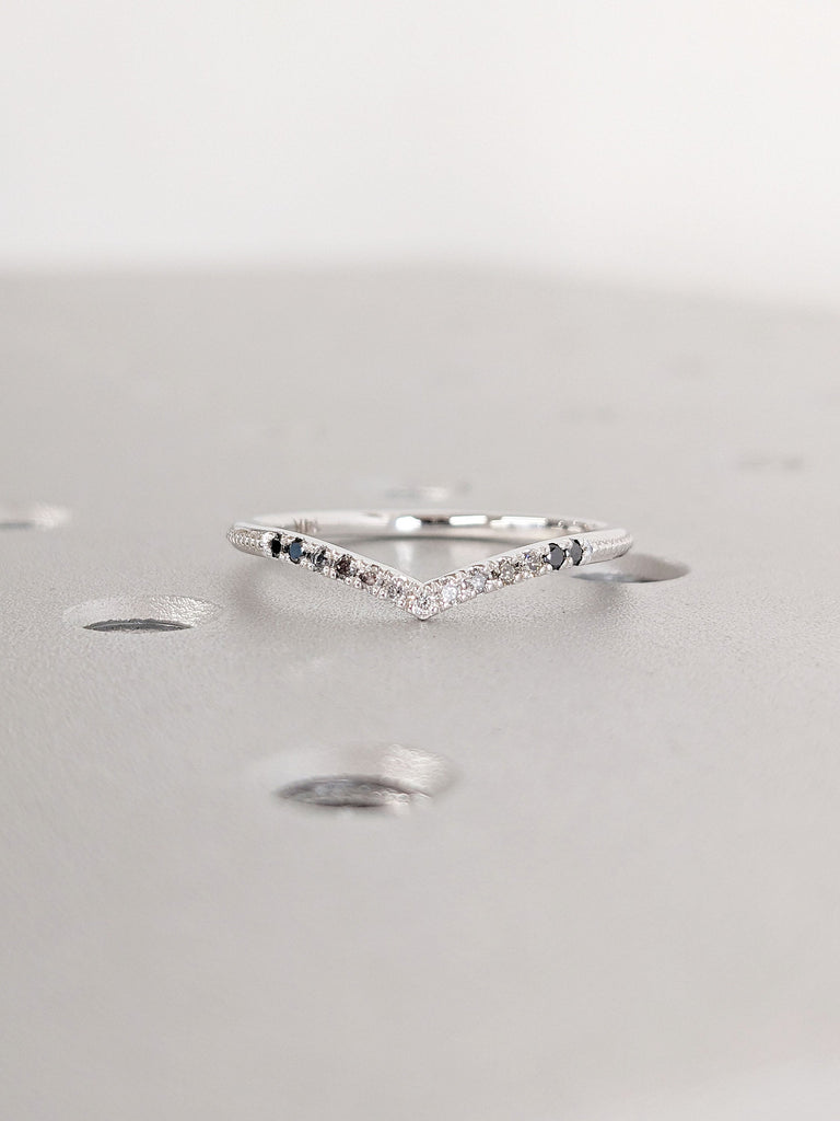 1.5mm Micro Pave Half Eternity Diamond Ring | Delicate Diamond Wedding Band | Ombre Salt and Pepper Diamond Stacking Ring, Anniversary Gift