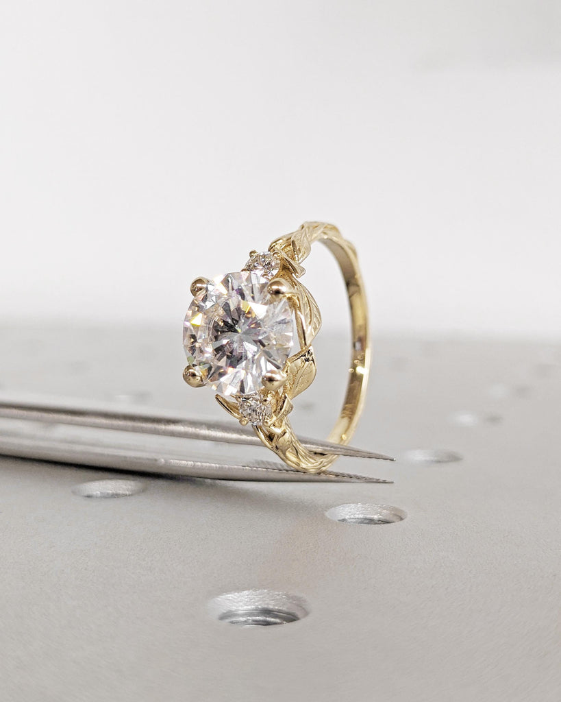 Nature Inspired Moissanite Engagement Ring Leaves Band Round Moissanite Diamond Wedding Ring Leaf Vine Branch Alternative Engagement Ring