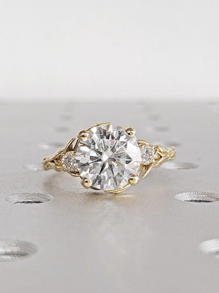 Nature Leaf Engagement Ring: Round Cut Moissanite, Vine Branch Leaf Flower Ring, Alternative Promise Ring, 14K Yellow Gold