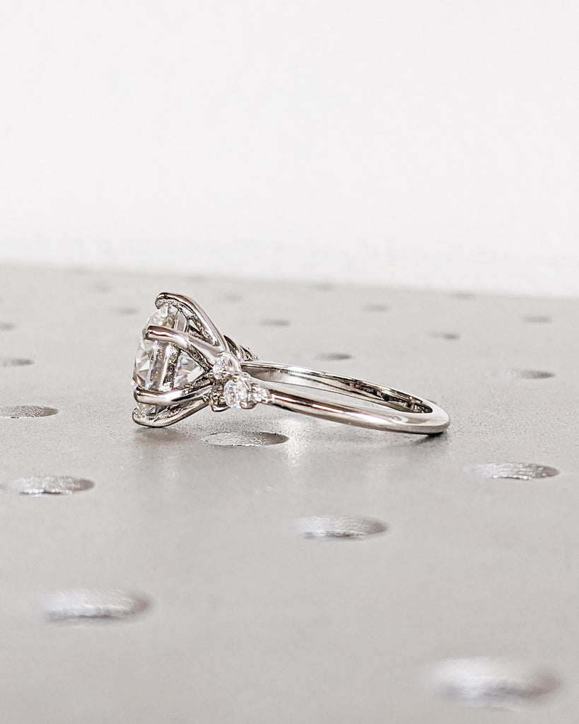 Round Moissanite Ring, Vintage Moissanite Engagement Ring Platinum, Unique Snowdrift 6 Prong Engagement Ring, Diamond Wedding Ring for Women
