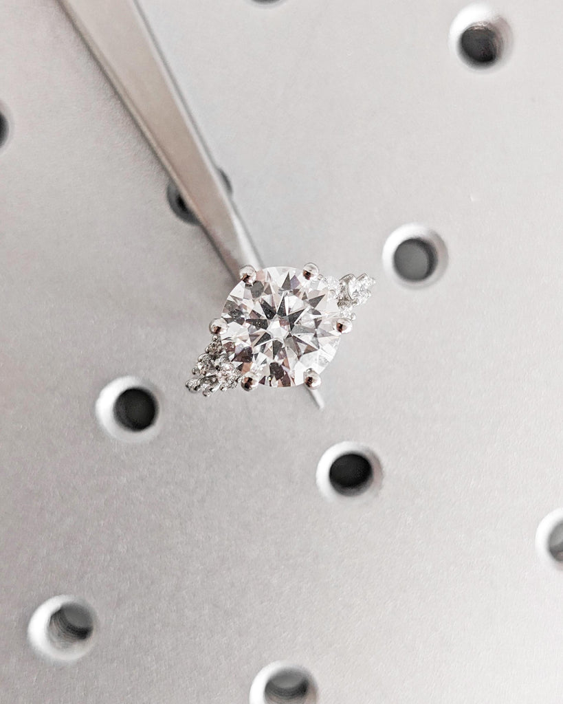 Round Moissanite Ring, Vintage Moissanite Engagement Ring Platinum, Unique Snowdrift 6 Prong Engagement Ring, Diamond Wedding Ring for Women