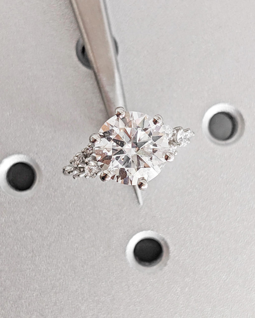 Round Moissanite Ring, Vintage Moissanite Engagement Ring Platinum, Unique Snowdrift 6 Prong Engagement Ring, Diamond Wedding Ring for Women