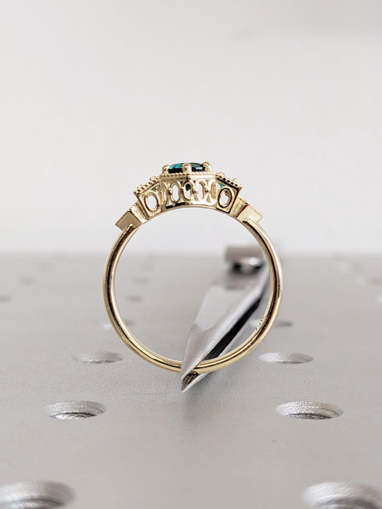 Lab Emerald Engagement Ring, 14K Yellow Gold Vintage Milgrain Green Emerald Ring, Three Stone Round Art Deco Prong Set May Birthstone Ring