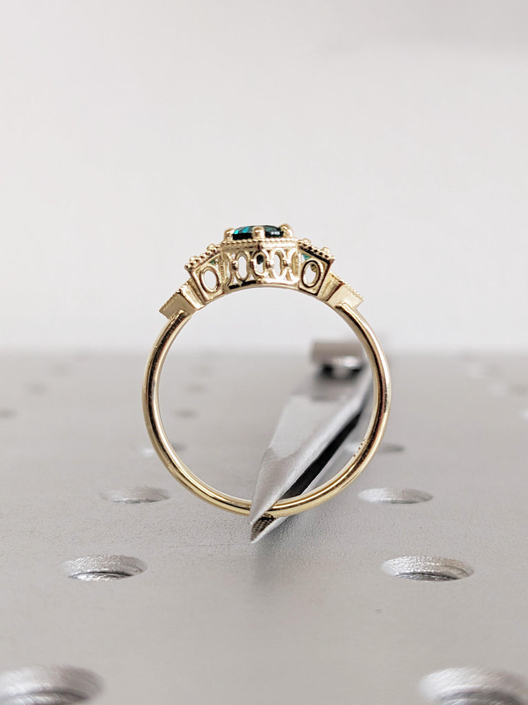 Lab Emerald Engagement Ring: Vintage Milgrain Three Stone Round Prong Set Wedding Ring