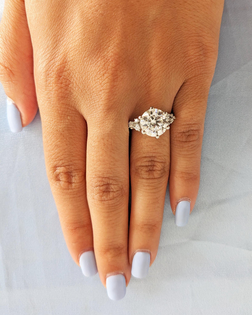 Round Moissanite Ring, Vintage Moissanite Engagement Ring Platinum, Unique Snowdrift 6 Prong Engagement Ring, Diamond Wedding Ring for Women