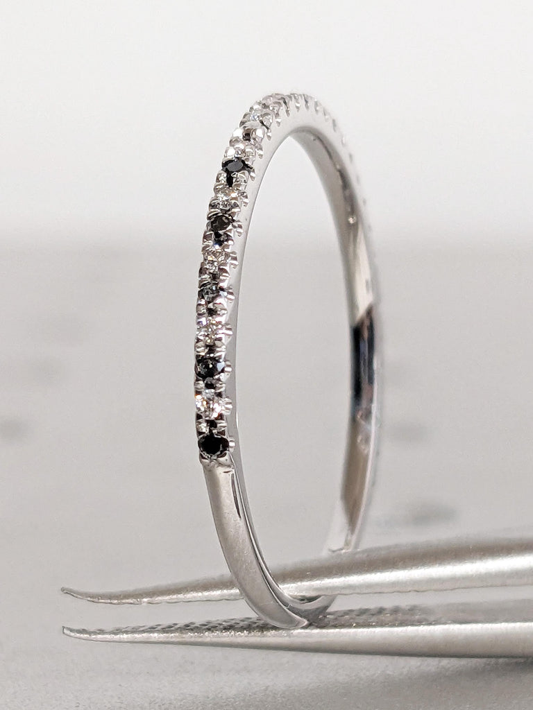 Dainty Pavé Round Black and White Diamond Ring, 14K Solid White Gold Stacking Engagement Ring, Thin Eternity Diamond Women’s Wedding Band