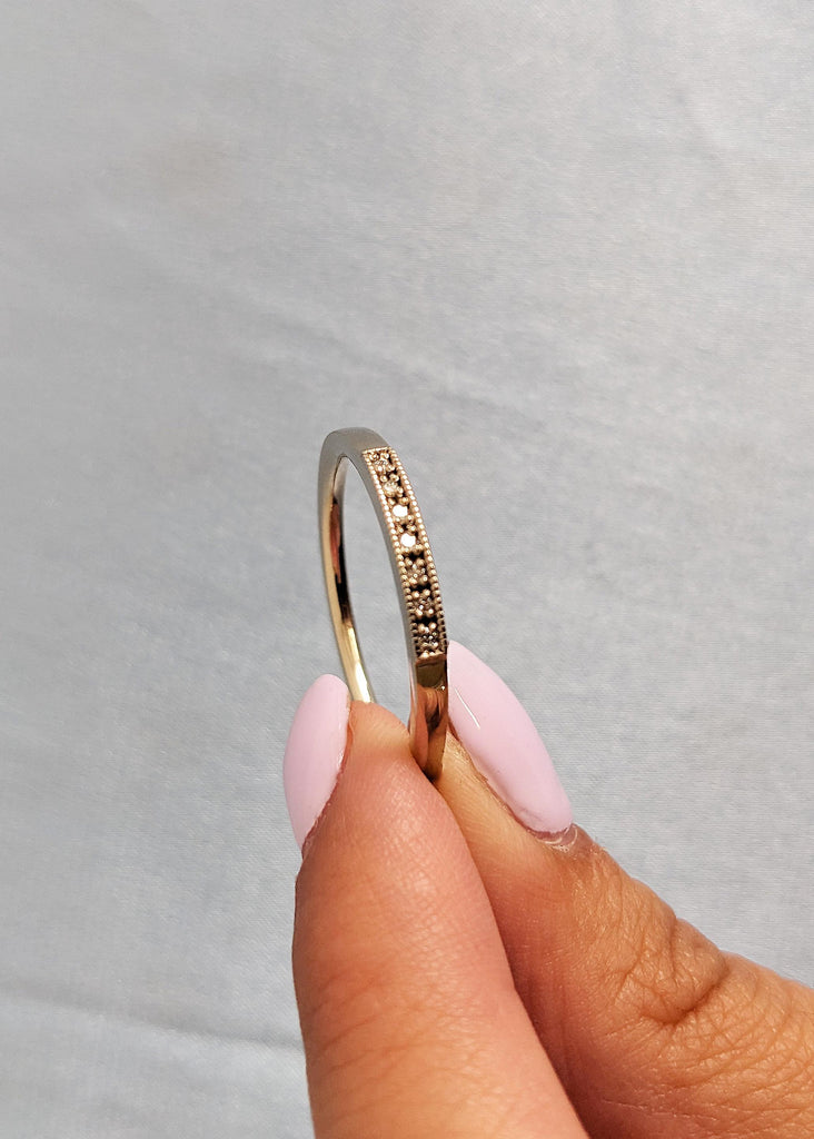 Dainty Round Cut Diamond Ring, 14K Solid White Gold Milgrain Band, White Pave Diamond Stacking Ring, Custom Ring, Anniversary Gift For Her