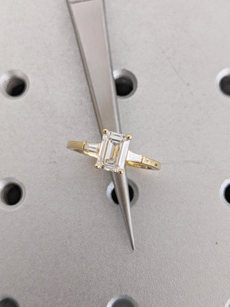 1-2ct Emerald Cut Lab Grown Diamond Engagement Ring, 18k Gold Tapered Baguette Diamond Ring