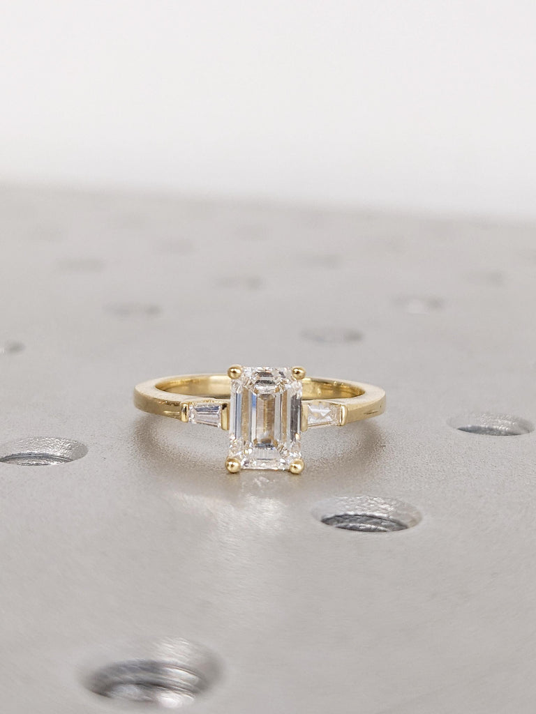 1-2ct Emerald Cut Lab Grown Diamond Engagement Ring, 18k Gold Tapered Baguette Diamond Ring