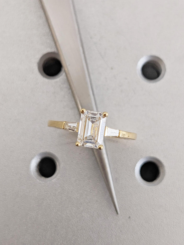 18k Yellow Gold Ring, Moissanite Ring, Emerald Cut Ring, Diamond Tapered Baguette Engagement Ring