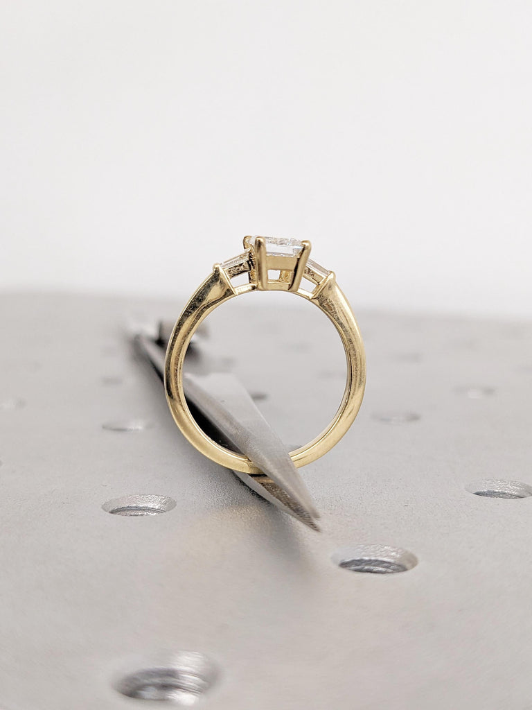 18k Yellow Gold Ring, Moissanite Ring, Emerald Cut Ring, Diamond Tapered Baguette Engagement Ring