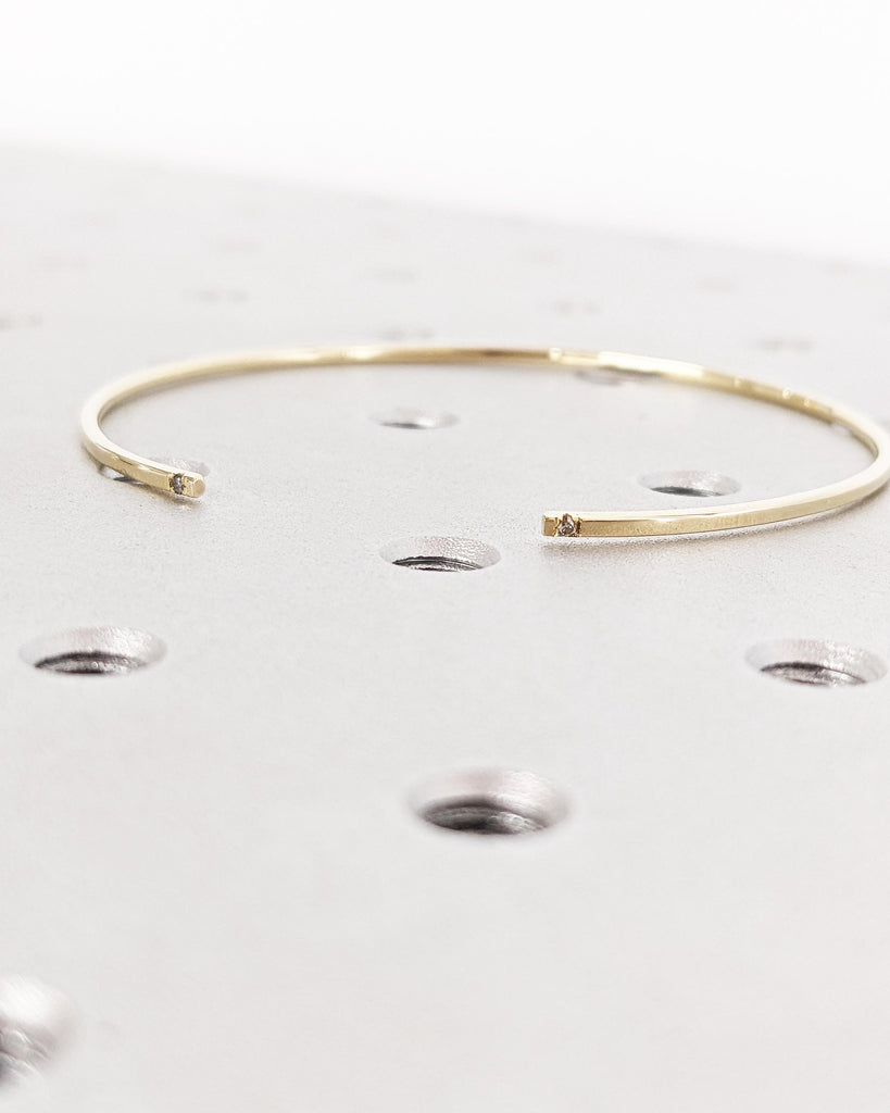 Diamond Open Bangle in Solid Gold, 14K Yellow Gold Open Cuff Bracelet, Salt and Pepper Diamond, Timeless Diamond Bar Bracelet, Birthday Gift
