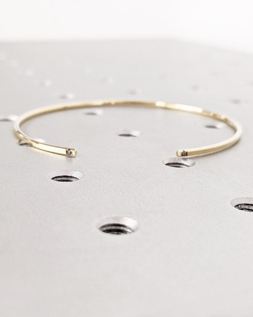 14K Yellow Gold Diamond Cuff Bangle: Open Bracelet with Salt and Pepper Diamond Accents, Thin Open Cuff Bangle, Birthday Gift for Her