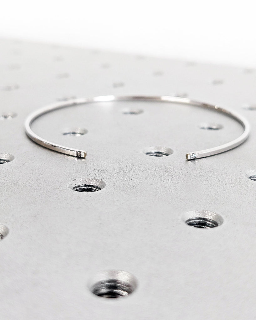 14K White Gold Diamond Cuff Bangle: Open Bracelet with Salt and Pepper Diamond Accents, Thin Open Cuff Bangle, Birthday Gift for Her