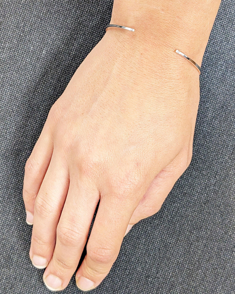 14K White Gold Diamond Cuff Bangle: Open Bracelet with Salt and Pepper Diamond Accents, Thin Open Cuff Bangle, Birthday Gift for Her