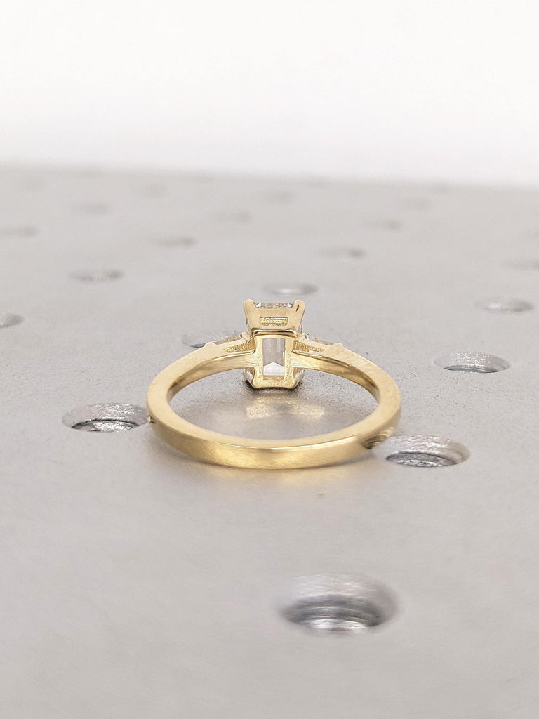18k Yellow Gold Ring, Moissanite Ring, Emerald Cut Ring, Diamond Tapered Baguette Engagement Ring