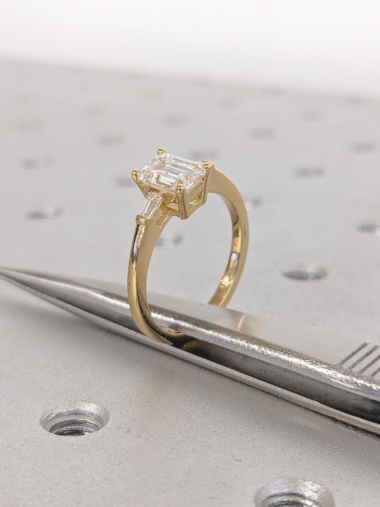1-2ct Emerald Cut Lab Grown Diamond Engagement Ring, 18k Gold Tapered Baguette Diamond Ring