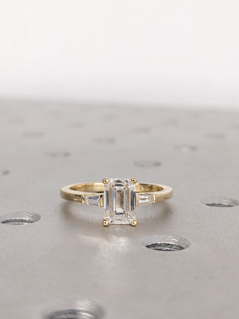 18k Yellow Gold Ring, Moissanite Ring, Emerald Cut Ring, Diamond Tapered Baguette Engagement Ring