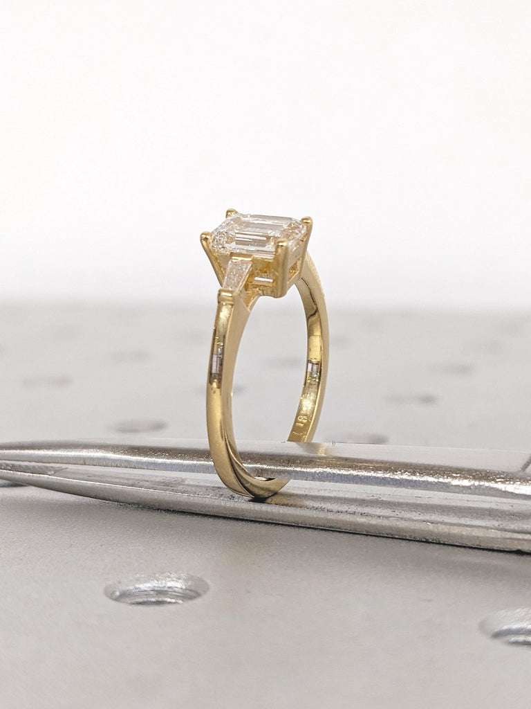 18k Yellow Gold Ring, Moissanite Ring, Emerald Cut Ring, Diamond Tapered Baguette Engagement Ring
