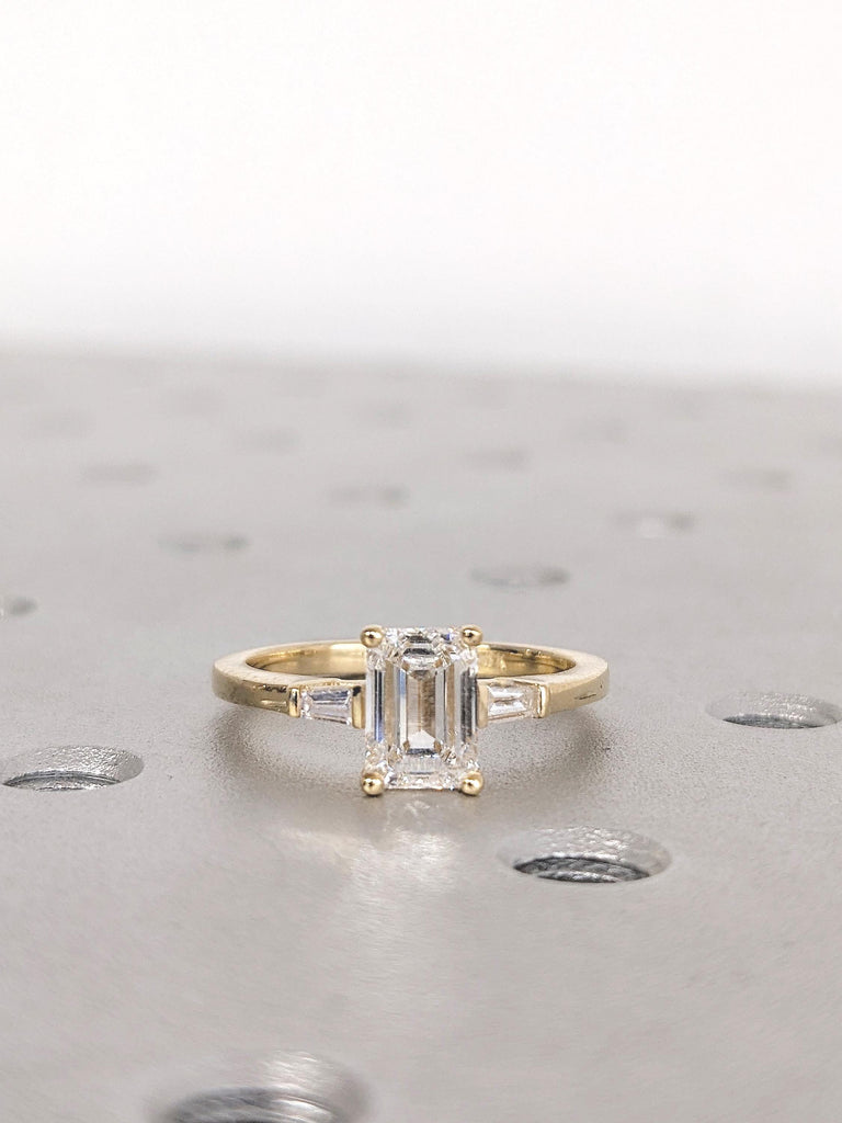 1-2ct Emerald Cut Lab Grown Diamond Engagement Ring, 18k Gold Tapered Baguette Diamond Ring
