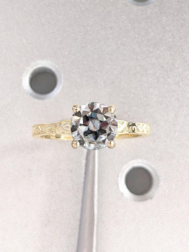 Old Mine cut Diamond Engagement Ring in 14k Yellow Gold with Filigree Engraving: Round Certified Lab Created Diamond Solitaire