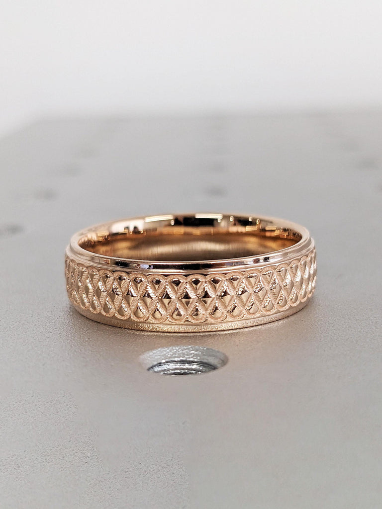 14K Solid Rose Gold Brushed Finish Engraved Infinity Knot Wedding Band 6mm, Custom Men’s Gold Celtic Eternity Ring, Anniversary Gift For Him
