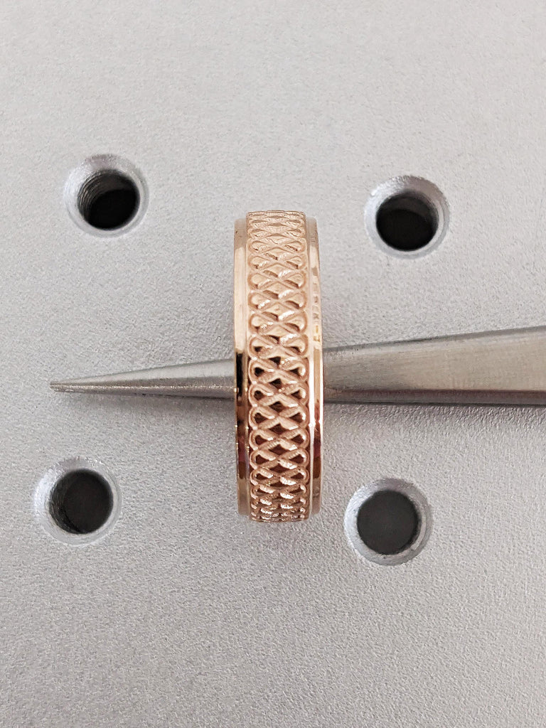 14K Solid Rose Gold Brushed Finish Engraved Infinity Knot Wedding Band 6mm, Custom Men’s Gold Celtic Eternity Ring, Anniversary Gift For Him