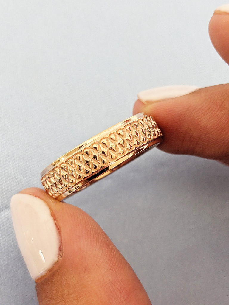 14K Solid Rose Gold Brushed Finish Engraved Infinity Knot Wedding Band 6mm, Custom Men’s Gold Celtic Eternity Ring, Anniversary Gift For Him