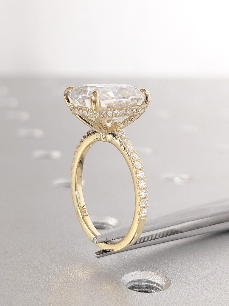 Lab Diamond Ring, Hidden Halo Engagement Ring, Gold Half Eternity Ring, Radiant Cut Statement Ring image #1