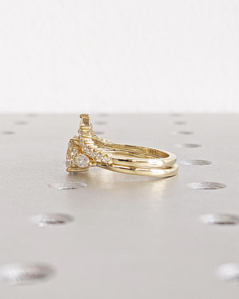 Oval Moissanite Engagement Ring Set, Vintage Yellow Gold Bridal Set, Unique Pear Moissanite Cluster Ring, Tiara Crown Band Wedding Set Women