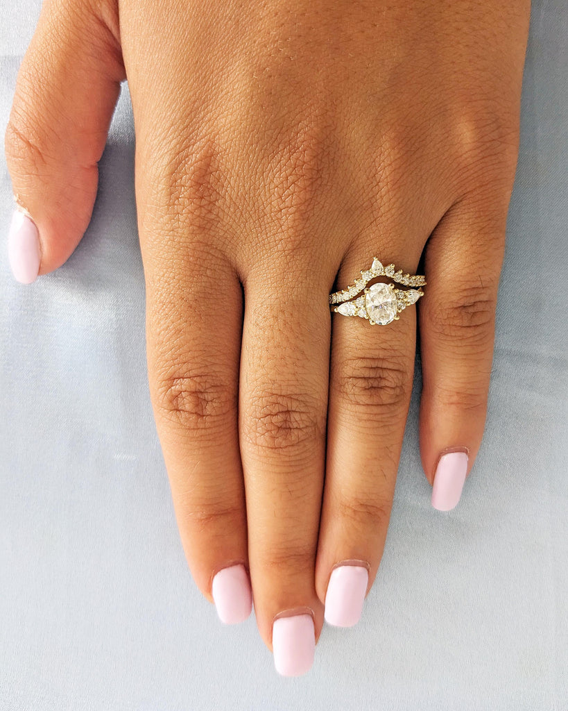 Oval Moissanite Engagement Ring Set, Vintage Yellow Gold Bridal Set, Unique Pear Moissanite Cluster Ring, Tiara Crown Band Wedding Set Women