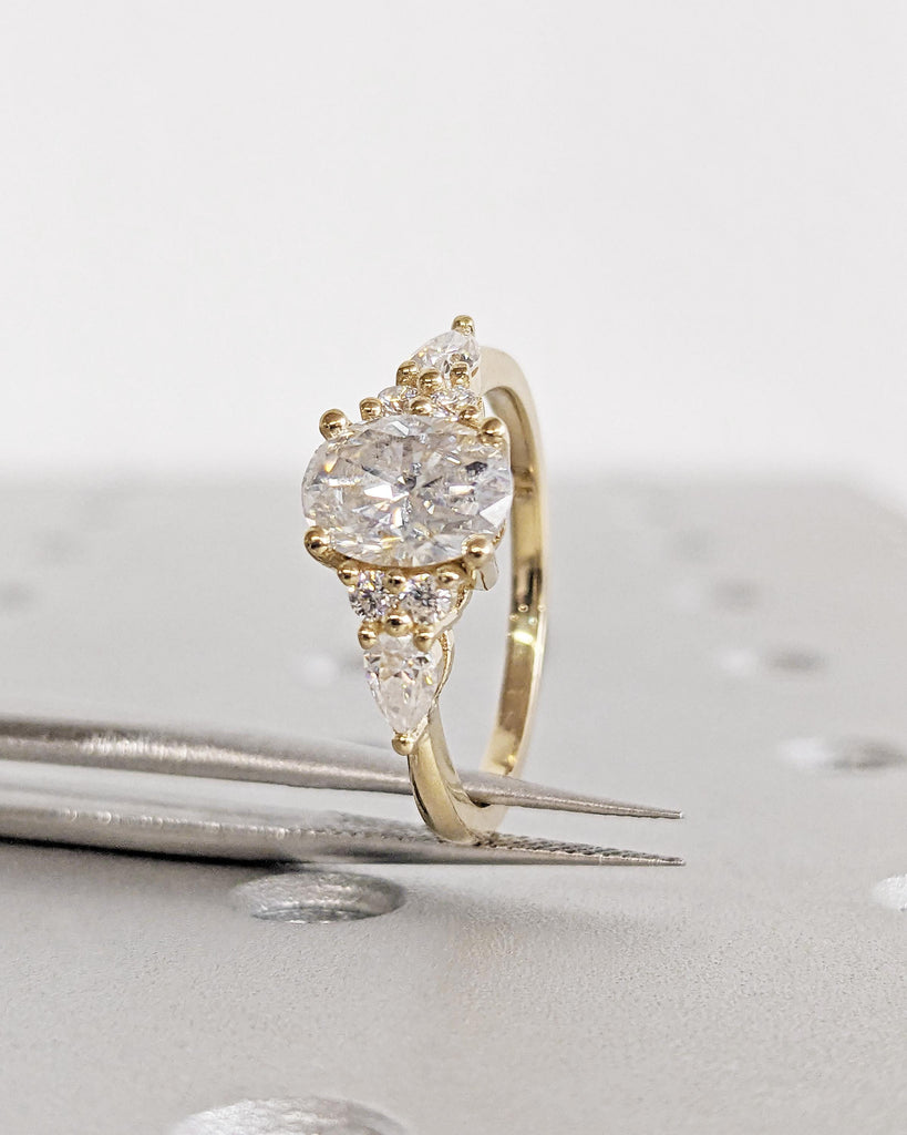Oval Moissanite Engagement Ring Set, Vintage Yellow Gold Bridal Set, Unique Pear Moissanite Cluster Ring, Tiara Crown Band Wedding Set Women