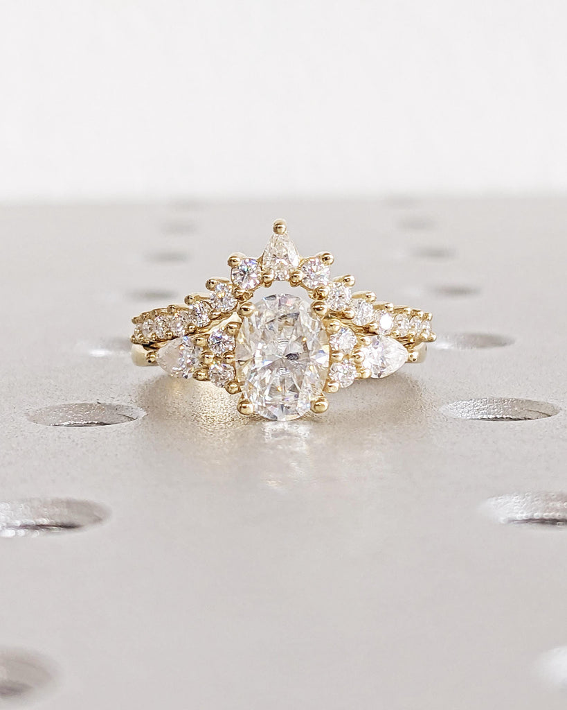 Oval Moissanite Engagement Ring Set, Vintage Yellow Gold Bridal Set, Unique Pear Moissanite Cluster Ring, Tiara Crown Band Wedding Set Women