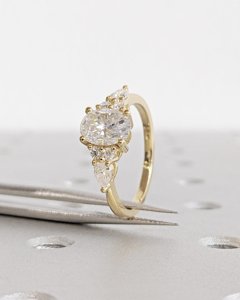 Unique Vintage Oval Moissanite Engagement Ring, Pear and Round Moissanite Cluster Ring, Unique Promise Ring Women Bridal Ring 14K Solid Gold