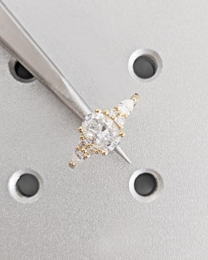 Unique Vintage Oval Moissanite Engagement Ring, Pear and Round Moissanite Cluster Ring, Unique Promise Ring Women Bridal Ring 14K Solid Gold