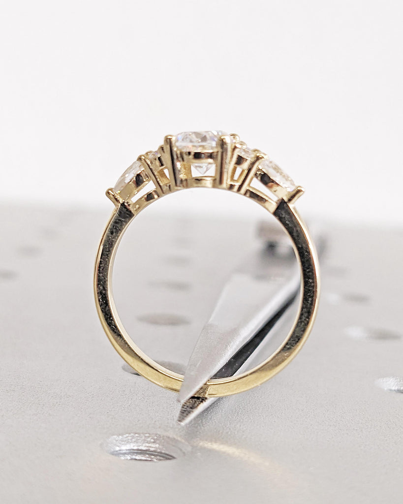 Unique Vintage Oval Moissanite Engagement Ring, Pear and Round Moissanite Cluster Ring, Unique Promise Ring Women Bridal Ring 14K Solid Gold