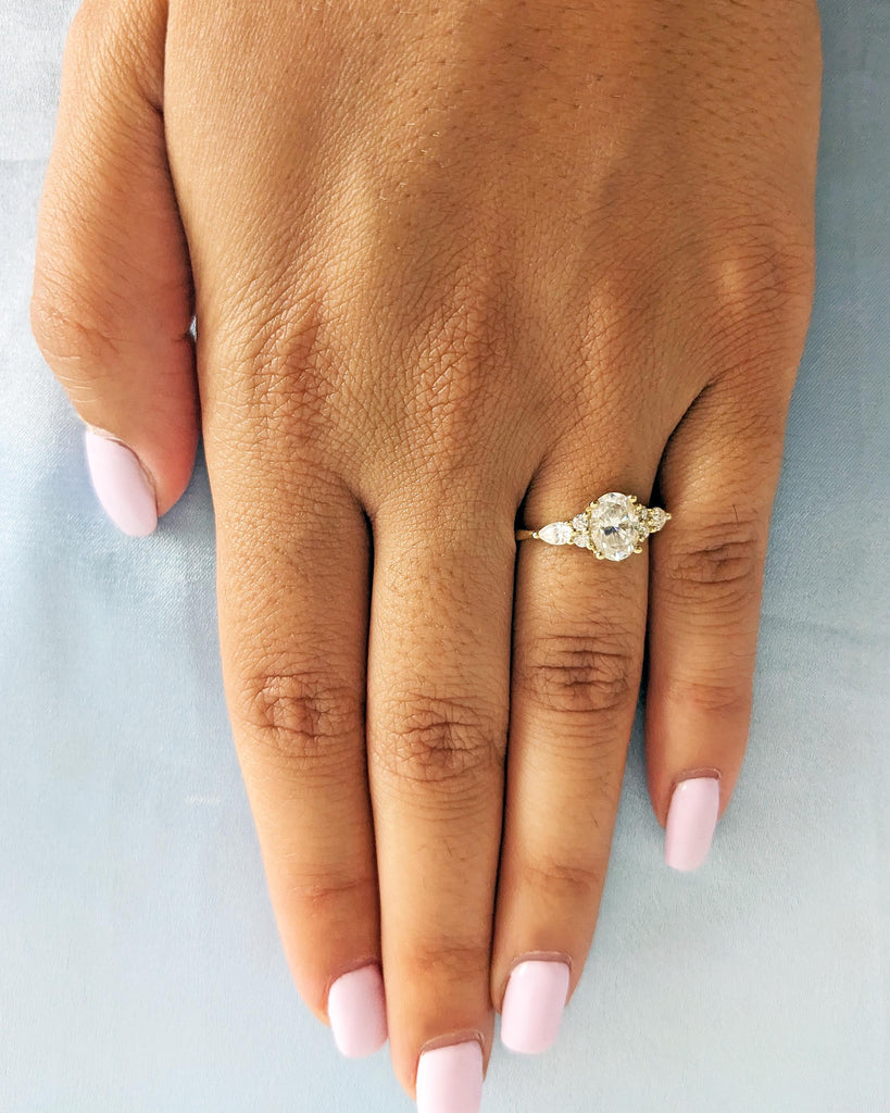 Unique Vintage Oval Moissanite Engagement Ring, Pear and Round Moissanite Cluster Ring, Unique Promise Ring Women Bridal Ring 14K Solid Gold