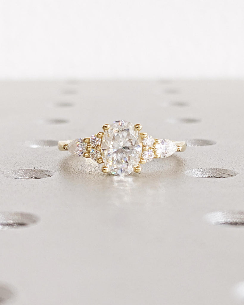 Unique Vintage Oval Moissanite Engagement Ring, Pear and Round Moissanite Cluster Ring, Unique Promise Ring Women Bridal Ring 14K Solid Gold